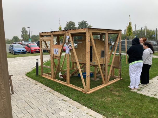 aufgestellte Voliere mit Hühnerhaus